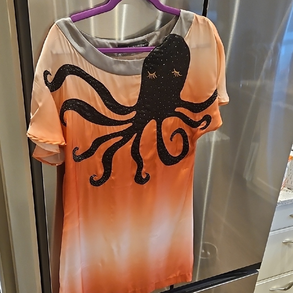 Orange Dress with Black Octopus Design
